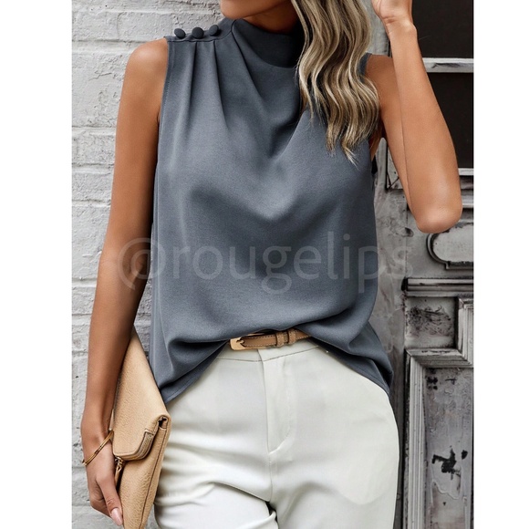 Gray Cowl Draped Pleated Neck Sleeveless Top Blouse Decorative Shoulder Buttons - Picture 2 of 9